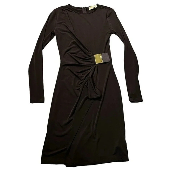 Michael Kors Brown Long Sleeve Faux Wrap Dress Leather Gold Buckle Size XXS - Picture 1 of 9